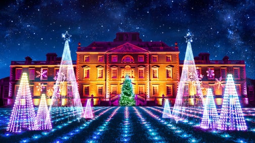 Wimpole Hall illuminated by Christmas lights